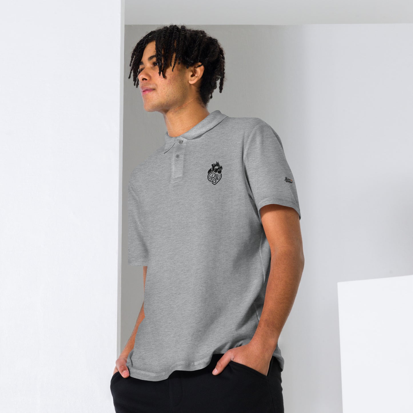 BW Heart Embroidered Unisex pique polo shirt
