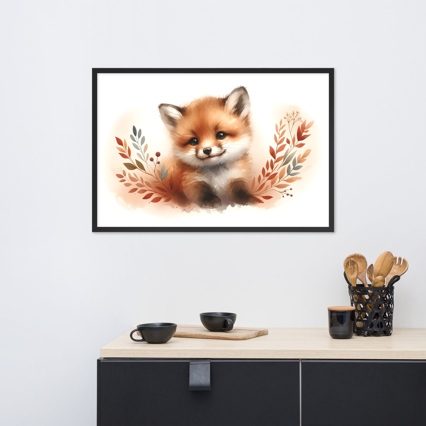 Baby Fox Kit in Watercolors Framed Matte Paper Poster